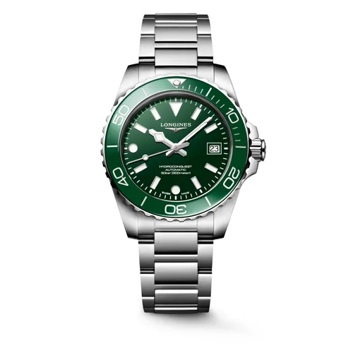 Montre HYDROCONQUEST lunette céramique verte, Bracelet acier, Cadran vert laqué poli - LONGINES