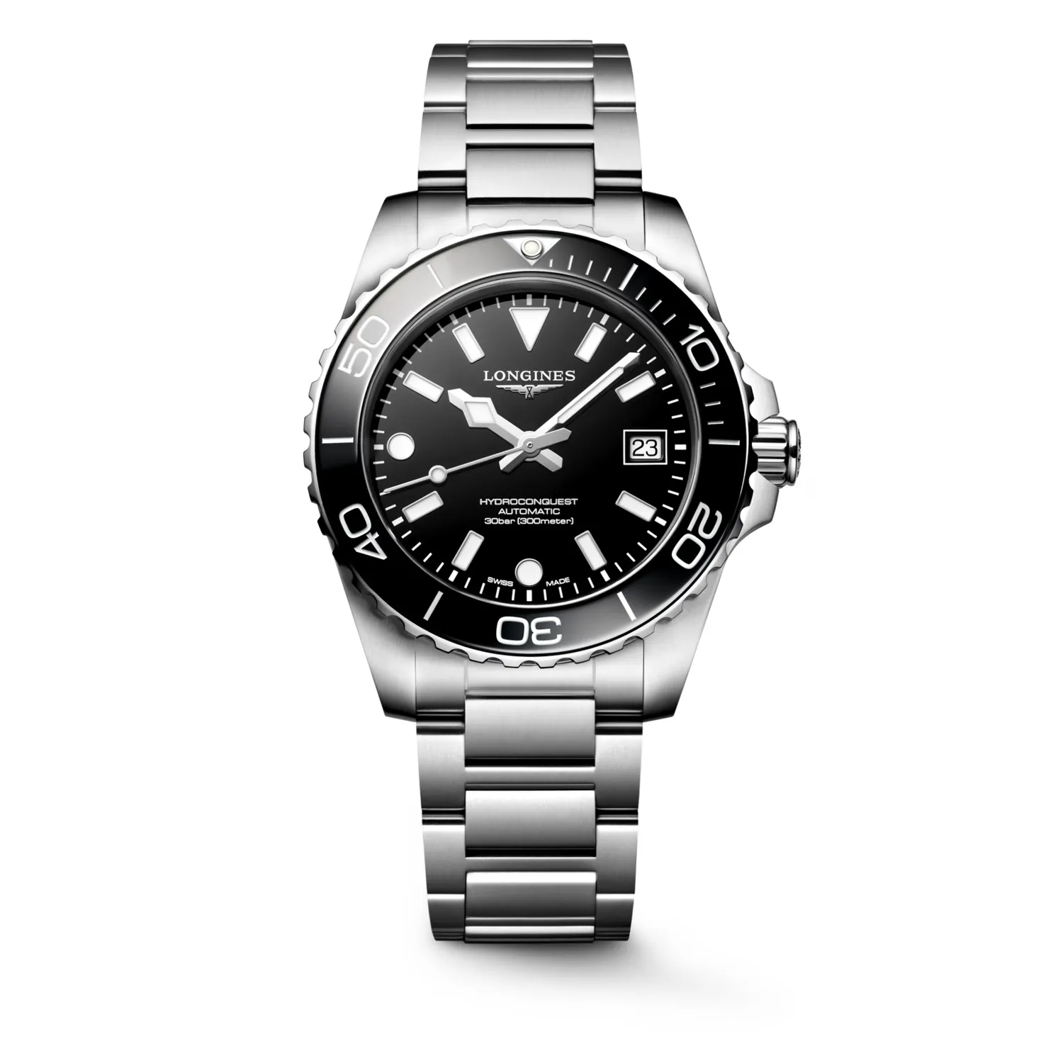 Montre HYDROCONQUEST lunette céramique noire, Bracelet acier, Cadran noir laqué poli