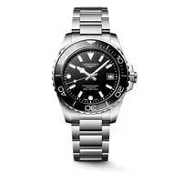 Montre HYDROCONQUEST lunette céramique noire, Bracelet acier, Cadran noir laqué poli