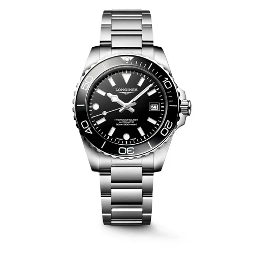 Montre HYDROCONQUEST lunette céramique noire, Bracelet acier, Cadran noir laqué poli - LONGINES