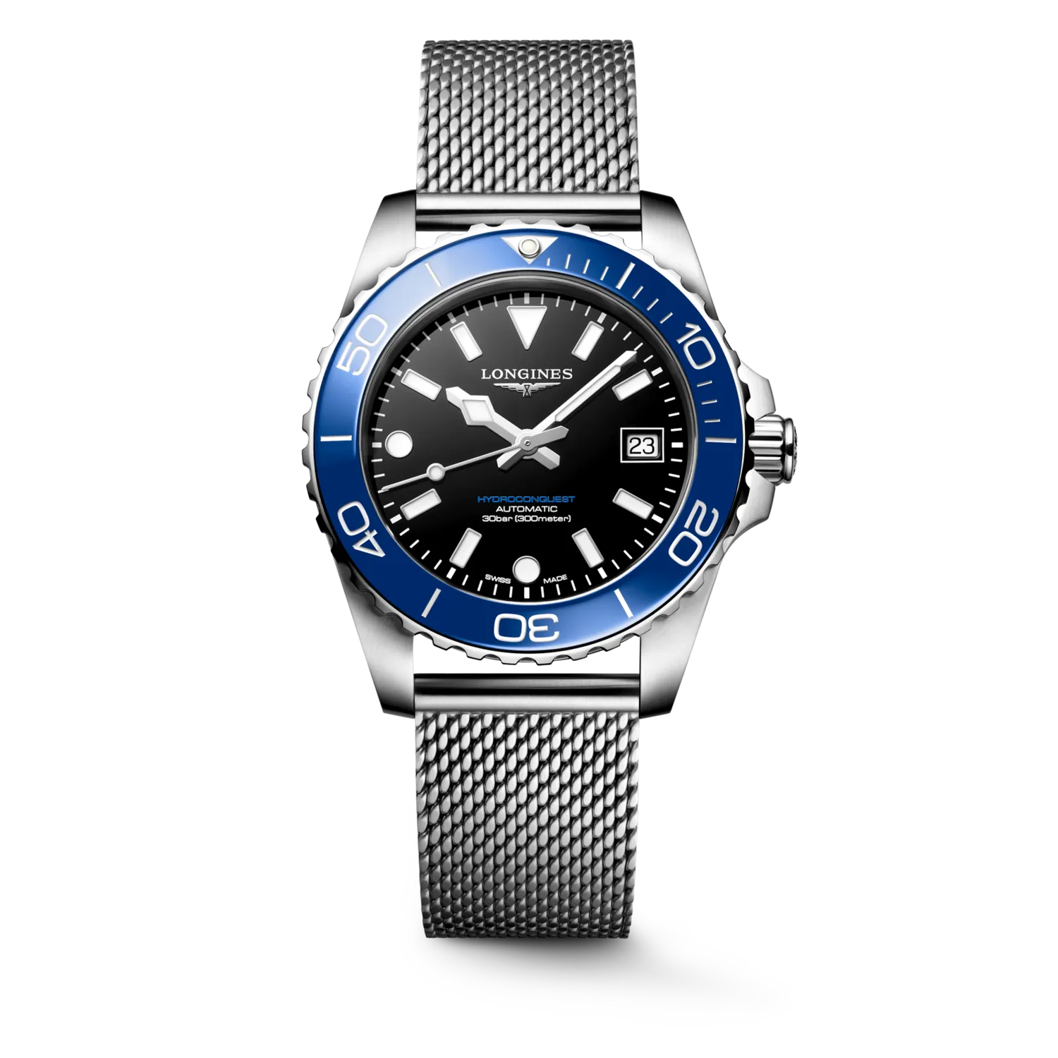Montre HYDROCONQUEST lunette céramique bleue, Bracelet Milanais acier, Cadran noir laqué poli