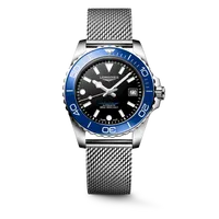 Montre HYDROCONQUEST lunette céramique bleue, Bracelet Milanais acier, Cadran noir laqué poli