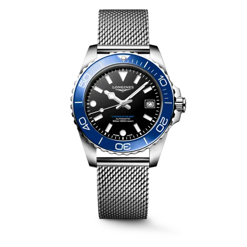 Montre HYDROCONQUEST lunette céramique bleue, Bracelet Milanais acier, Cadran noir laqué poli - LONGINES