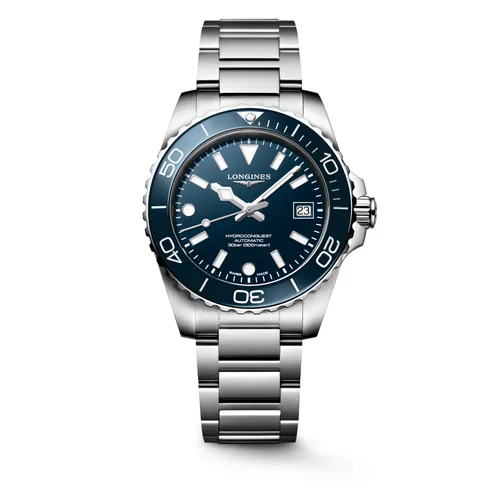Montre HYDROCONQUEST lunette céramique bleu, Bracelet acier, Cadran bleu laqué poli - LONGINES