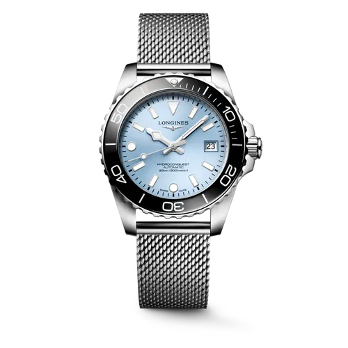 Montre HYDROCONQUEST lunette céramique noire, Bracelet Milanais acier, Cadran bleu givré soleilléi - LONGINES